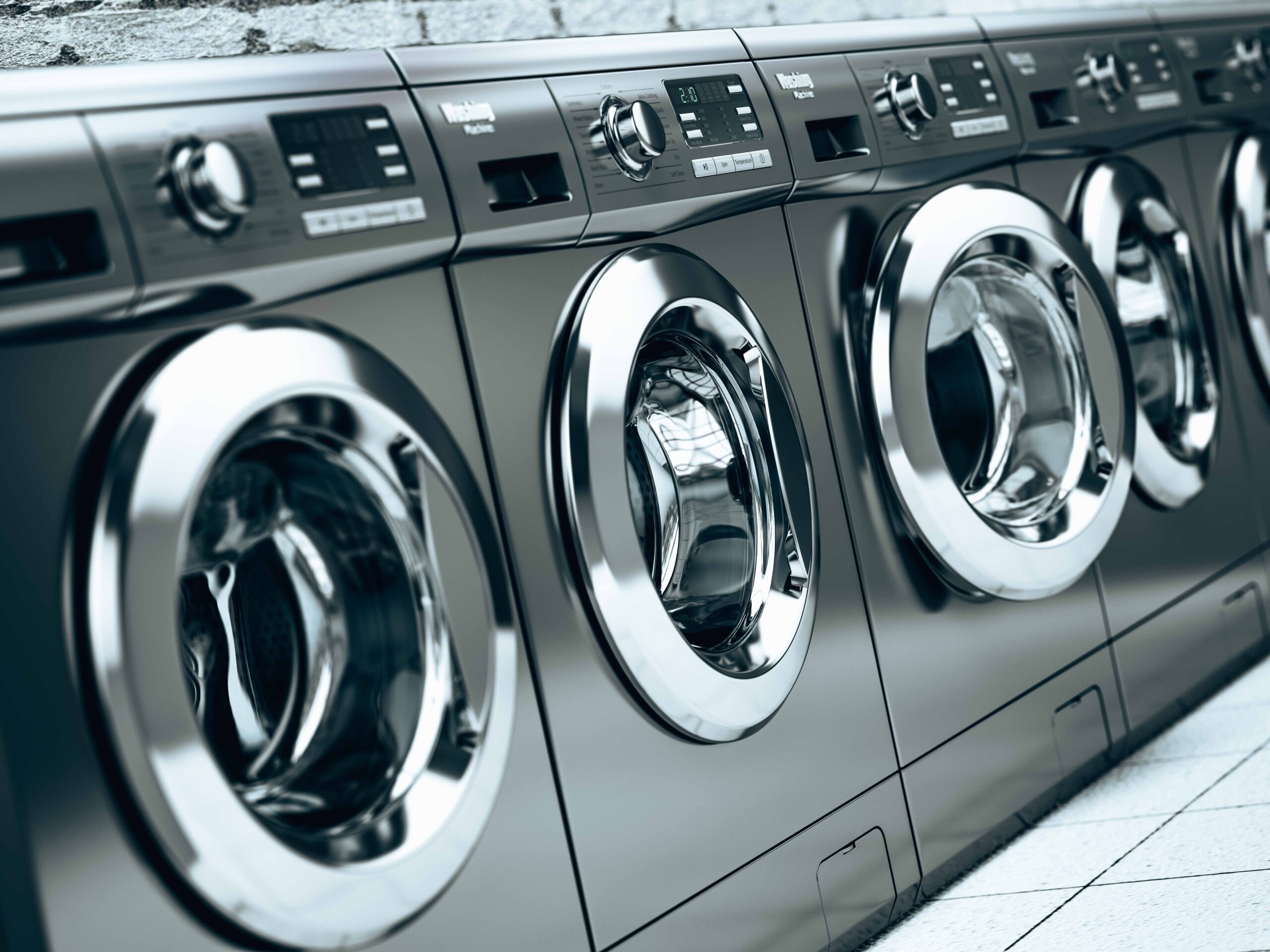 Row of washing machines in a public laundromat