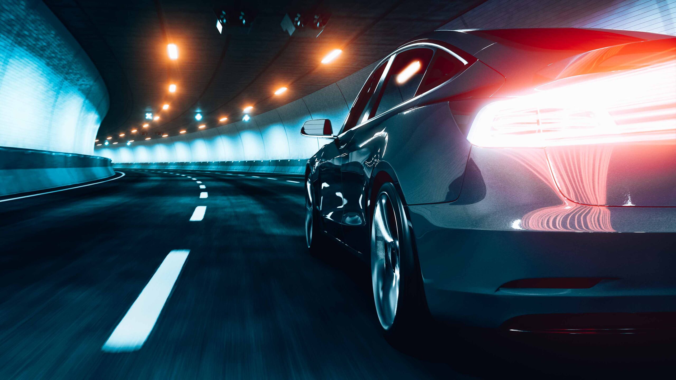 Modern Electric car rides through tunnel with warm yellow light 3d rendering