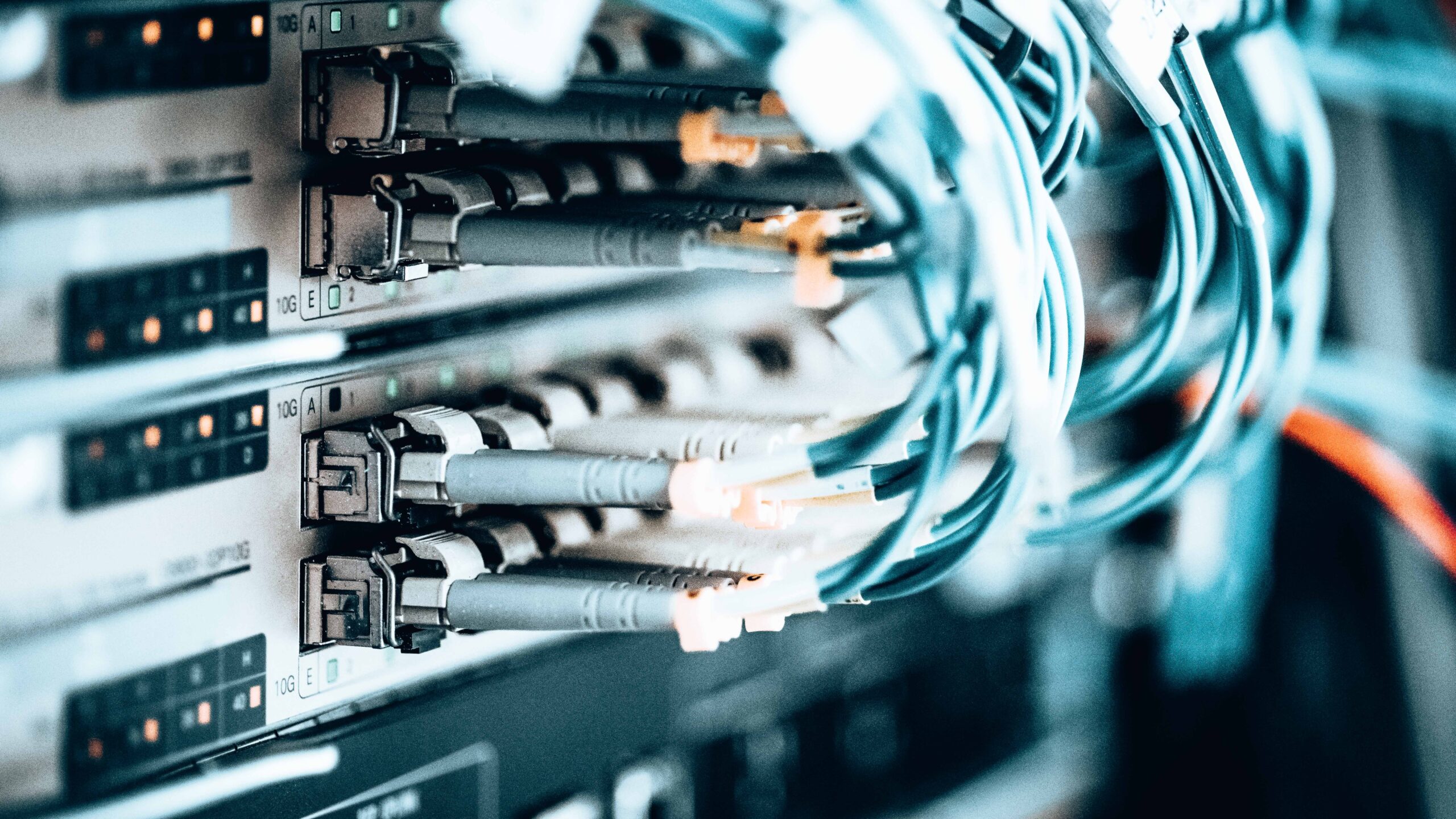 closeup of switch board with blue wires